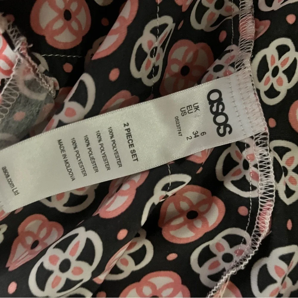 ASOS silk pajama set cropped top wide leg bottoms | Pink Floral | US 2